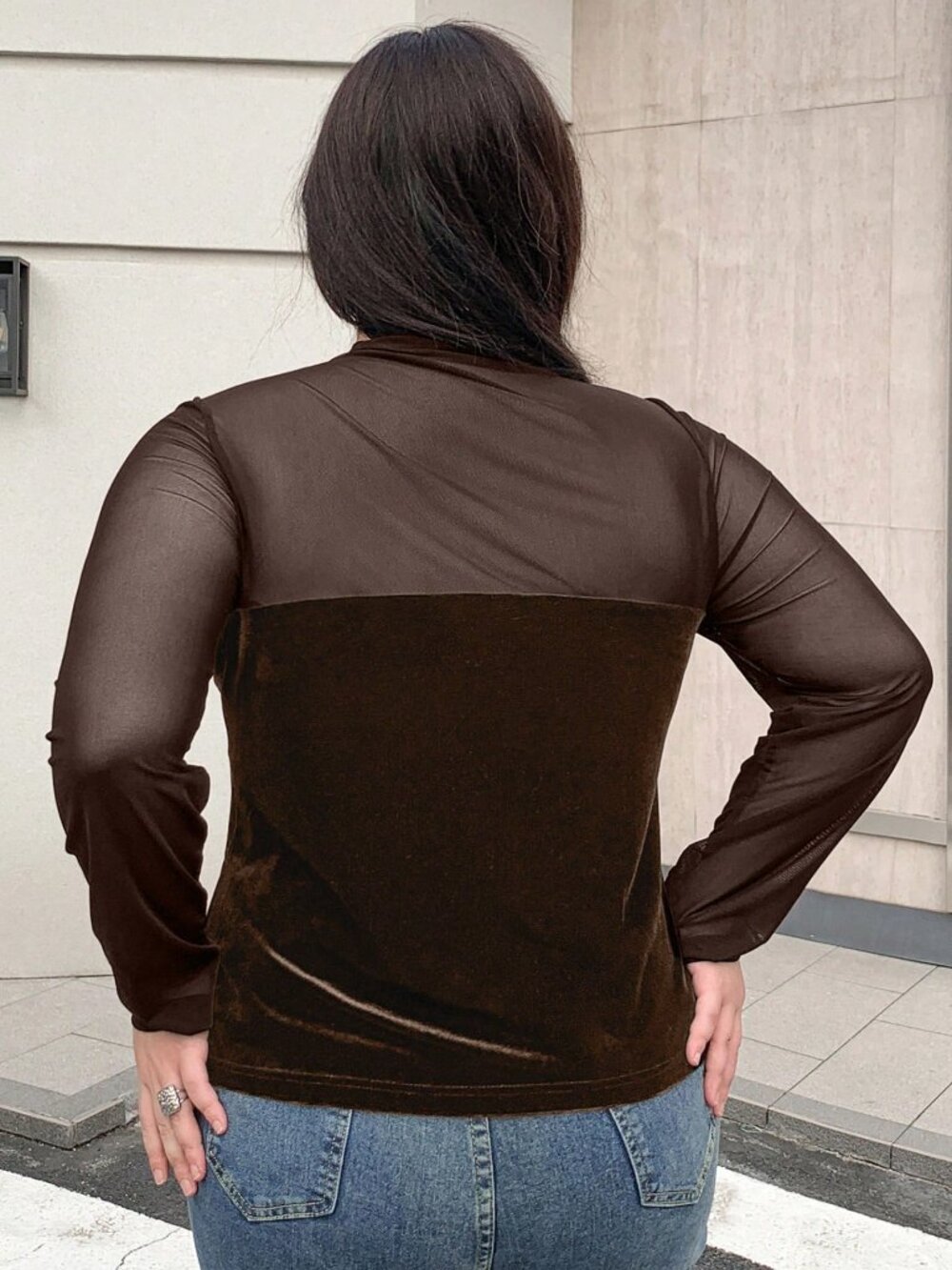 Brown Casual Women's Contrast Mesh Sheer Mock Neck Crop Tee - Picture 2 of 6